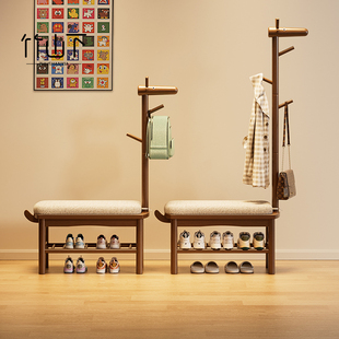 落地衣帽架家用入户玄关不占空间换鞋凳挂衣架一体实木放衣置物架