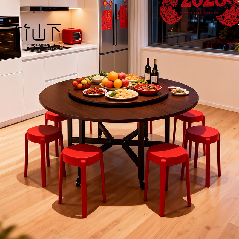 折叠餐桌移动圆桌转盘家用10人吃饭桌子小户型新型出租房大板桌