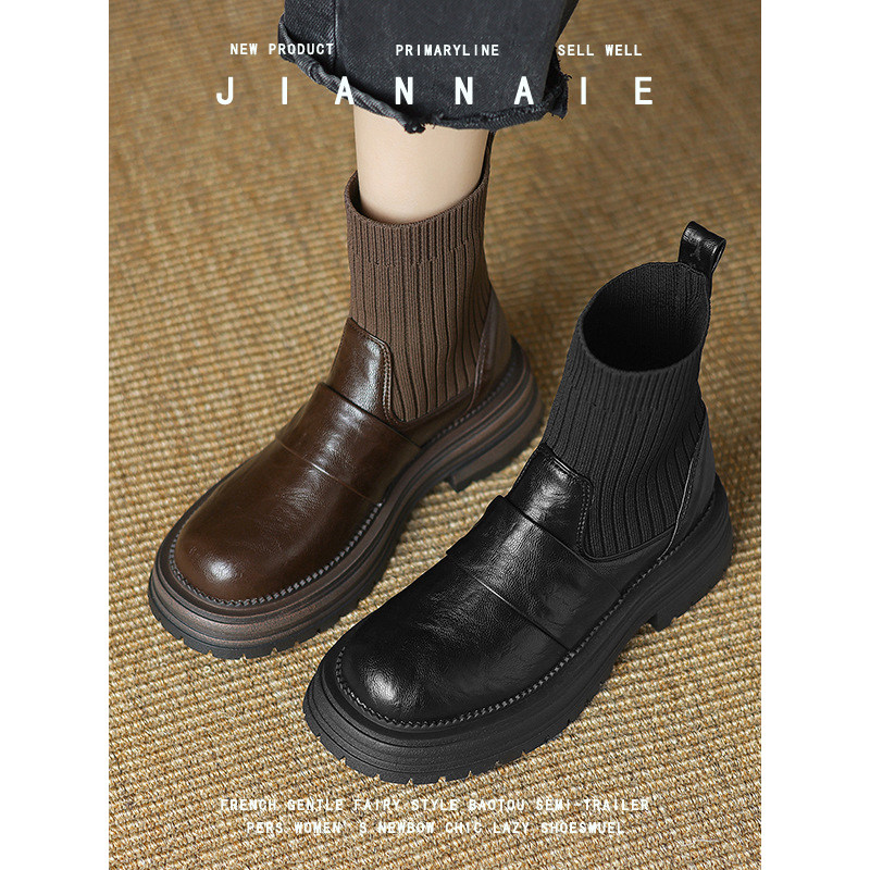 大码靴子41-43短靴女粗跟切尔西靴短筒春秋单靴针织弹力瘦瘦靴,女鞋,切尔西靴,淘宝优惠券,粉丝福利购,淘宝优惠卷