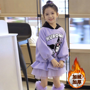 女童紫色加绒卫衣连衣裙2024秋冬新款中大童洋气中长款卡通公主裙