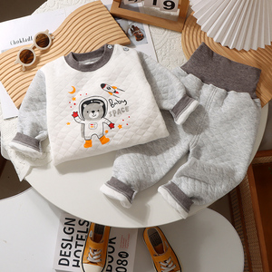 秋冬款宝宝三层夹棉保暖内衣套装男女童加厚秋衣秋裤新生儿衣服A