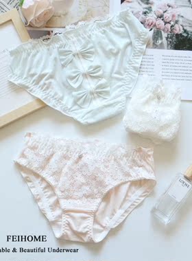 N630女士中腰人棉弹力丝女式短裤花朵蕾丝PP蝴蝶结女生内裤M/L/XL