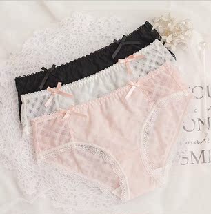 N568舒适女士低腰蕾丝网纱面料格子图案甜美可爱女生内裤M/L/XL