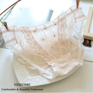 N685舒适女士内裤中低腰网纱蕾丝纯棉裆花朵刺绣精致女式短裤大码