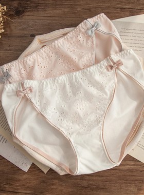 N624女士低腰纯棉中式风花朵刺绣短裤蝴蝶结甜美女生内裤M/L/XL