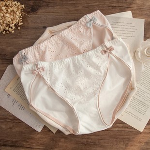 N624女士低腰纯棉中式风花朵刺绣短裤蝴蝶结甜美女生内裤M/L/XL
