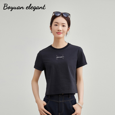 黑色时尚休闲修身短袖印花T恤女