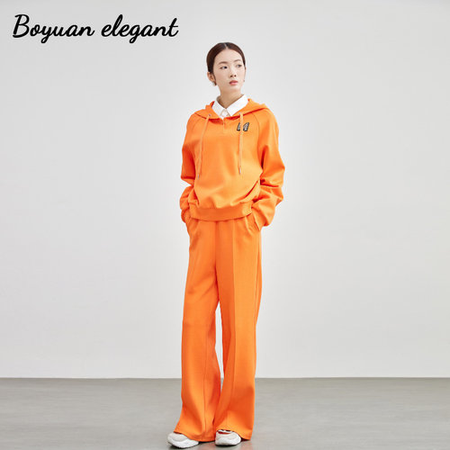 活力橙红色字母连帽卫衣套装女