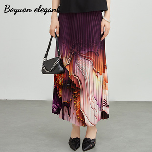 柏媛复古晕染印花百褶半身裙女2026高级优雅气质油画感高腰长裙子