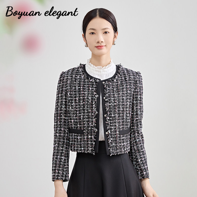 柏媛法式高端名媛chic黑色小香风外套女气质高级感粗花呢圆领上衣