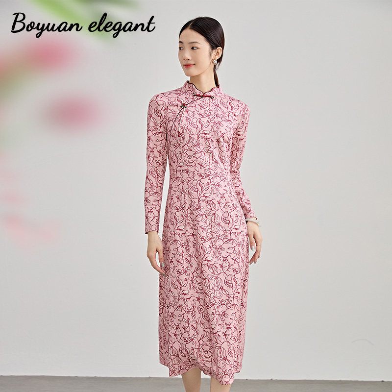 柏媛胭脂红气质改良旗袍女士新中式走秀高级感长袖修身印花连衣裙