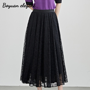 柏媛高级感气质蕾丝半身裙女2026优雅中长款黑色半裙高腰A字雷裙