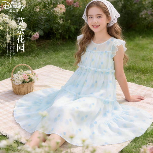 迪士尼女童连衣裙夏季新款儿童薄款公主裙大童甜美洋气碎花裙童装