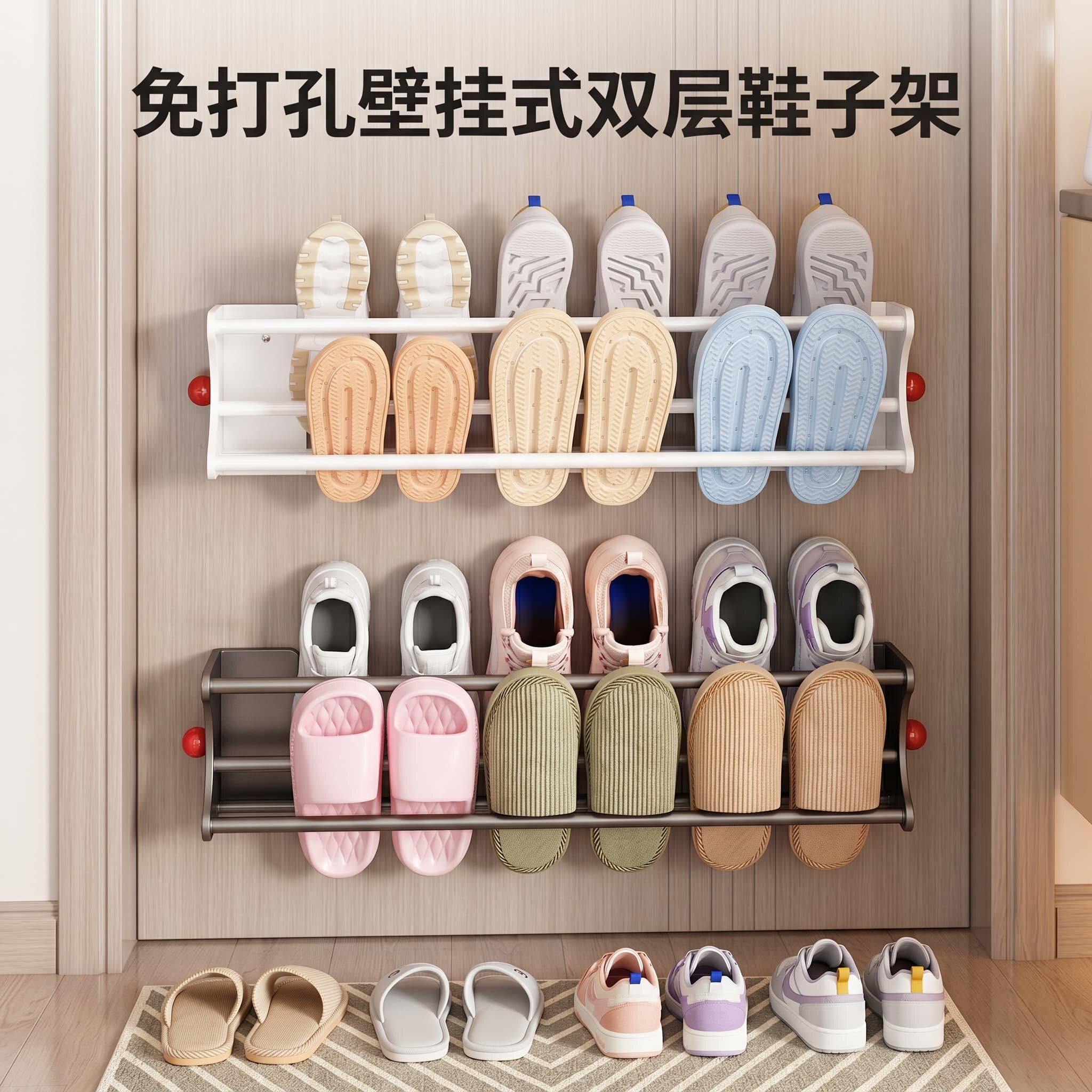 磁吸式鞋子收纳架门后壁挂式双层拖鞋架免打孔大容量储物板鞋架子