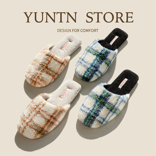 秋冬季 女防滑轻便牛筋底男 情侣高级感格纹毛绒轻奢保暖毛毛棉拖鞋