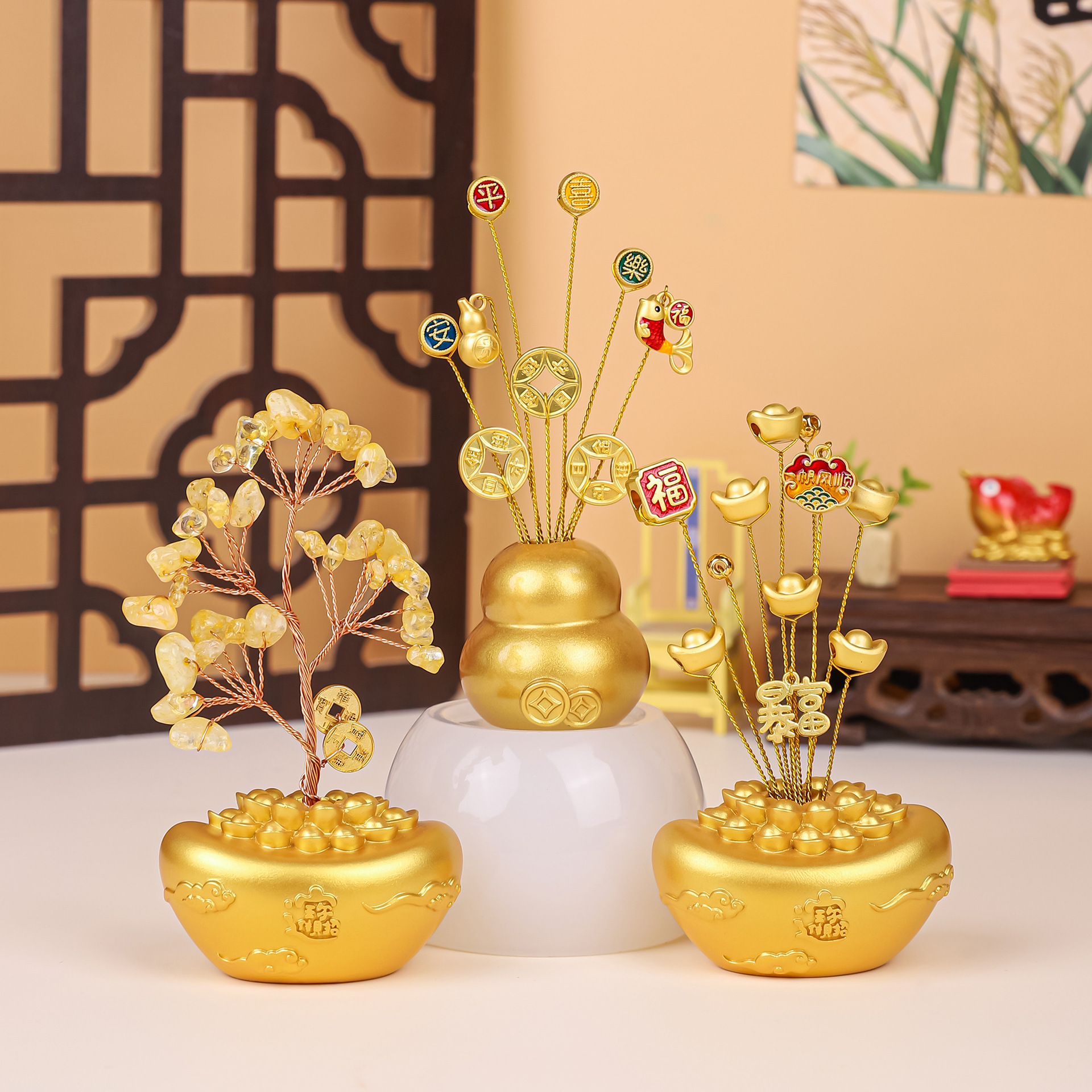 葫芦聚宝盆水晶发财树创意车载