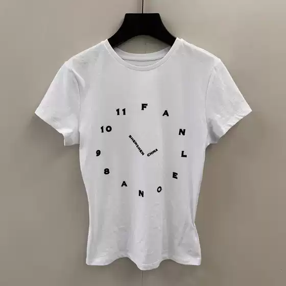 [in Stock] Niche 26 Spring/Summer New White Digital Clock Print Pure Cotton Short Sleeve T-Shirt Women's Slim Fit Top