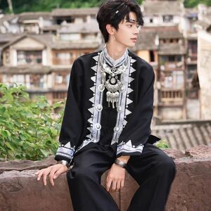 新款少数民族苗族男装土家族壮族服装舞蹈演出云南旅拍男士服装