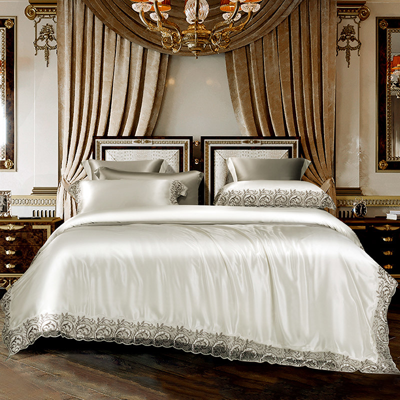 高端真丝四件套床单100%桑蚕丝意大利蕾丝花边被套丝绸床上用品,床上用品,床品套件/四件套/多件套,淘宝优惠券,粉丝福利购,淘宝优惠卷