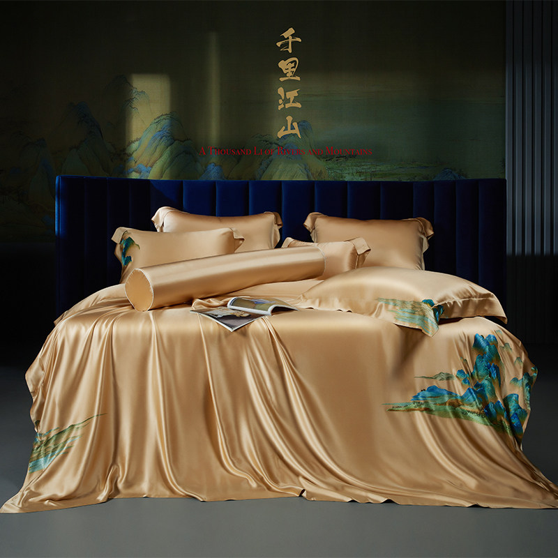 欣恋高端定制非遗手工苏绣真丝四件套桑蚕丝床单刺绣被套千里江山,床上用品,床品套件/四件套/多件套,淘宝优惠券,粉丝福利购,淘宝优惠卷