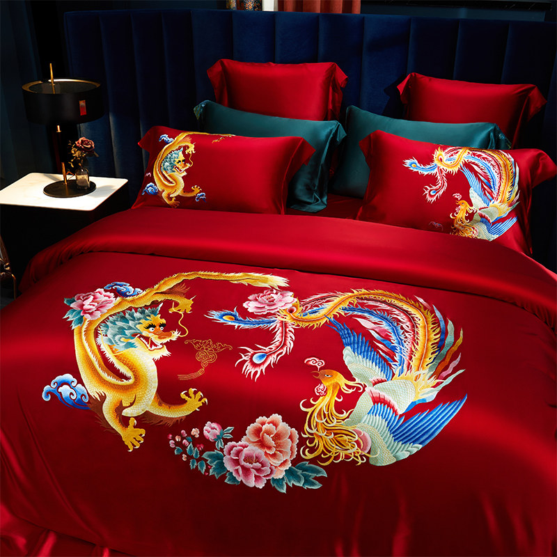欣恋重磅手工刺绣真丝四件套帝王桑蚕丝高端婚庆结婚丝绸床上用品