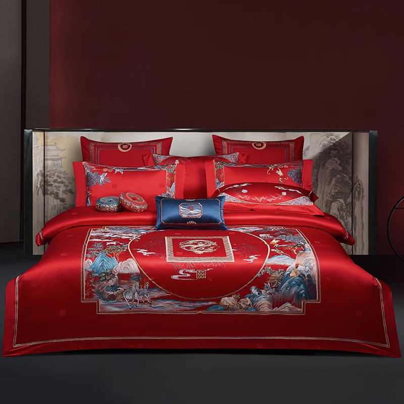 高档奢华结婚礼喜被四件套高端婚庆大红色真丝棉床上用品十件套