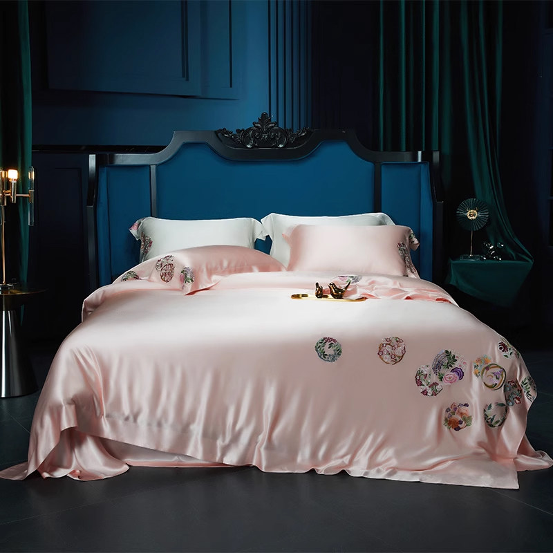 高端手工刺绣真丝四件套100%重磅桑蚕丝丝绸床单被套床上用品套件