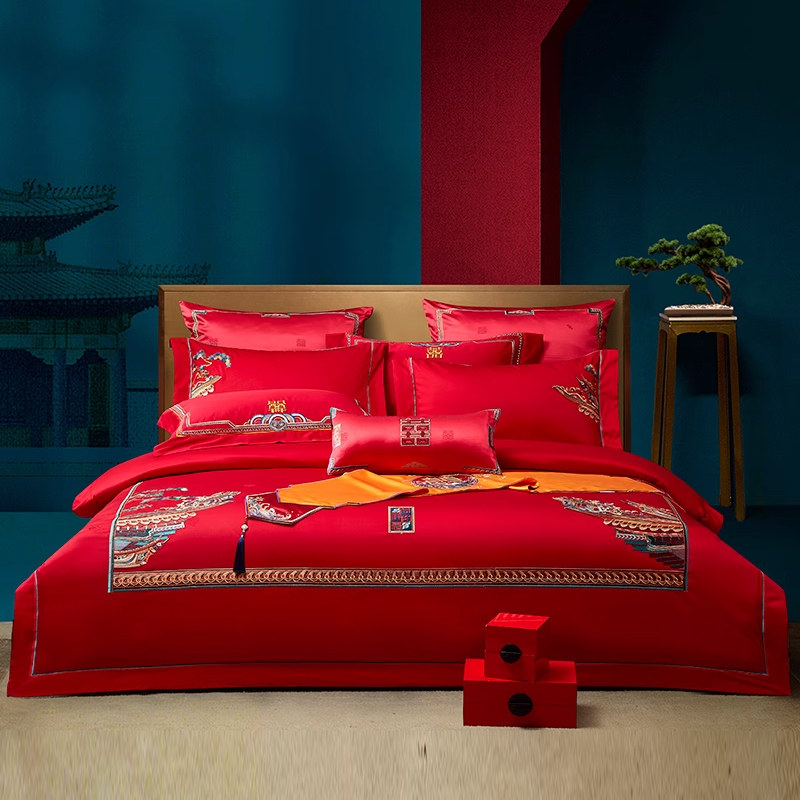 高端中式大红色喜庆十四件套奢华高档刺绣花被套结婚庆床上用品