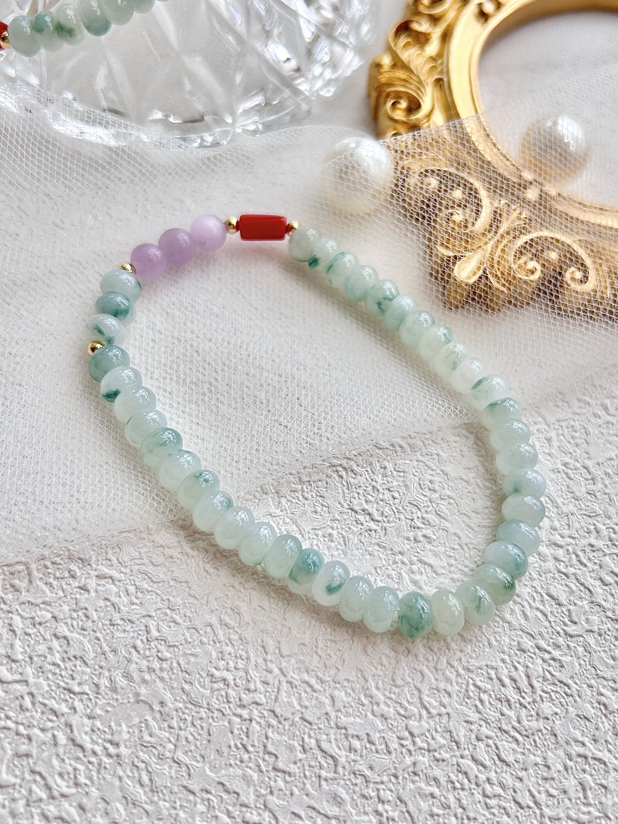 仙女系 缅甸翡翠天然a货翡翠冰飘花算盘珠手串5*3mm冰糯种天空蓝