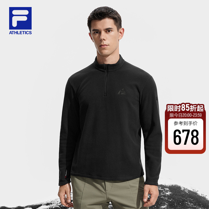 FILA 斐乐官方男士针织长袖上衣2025冬新款户外运动舒适摇粒绒长T