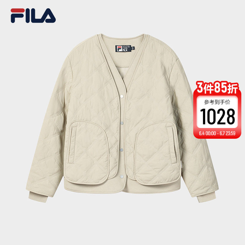 FILA 斐乐官方女士棉服2026春新款时尚休闲绗缝V领假两件保暖外套