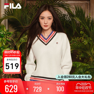 杨幂同款 FILA 斐乐官方女编织衫 2024春新下摆流苏舒适V领毛衣