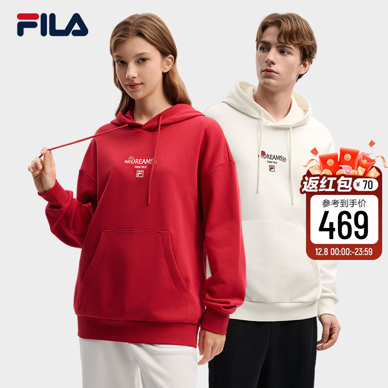 马上生花FILA斐乐男女同款连帽卫衣2026春新款情侣海棠花红色上衣