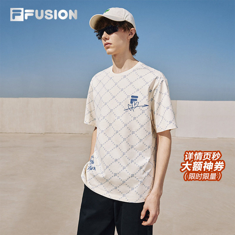 FILA FUSION斐乐潮牌情侣老花短袖T2026春夏纯棉上衣男宽松T恤女