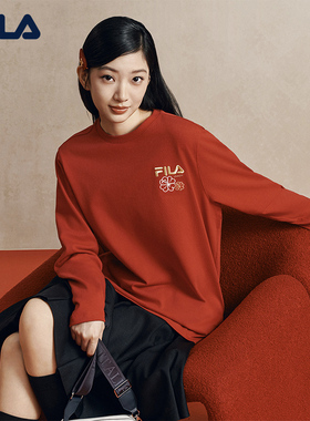 马上起飞FILA斐乐男女长袖T恤2026春新款情侣海棠花红色新年长T恤