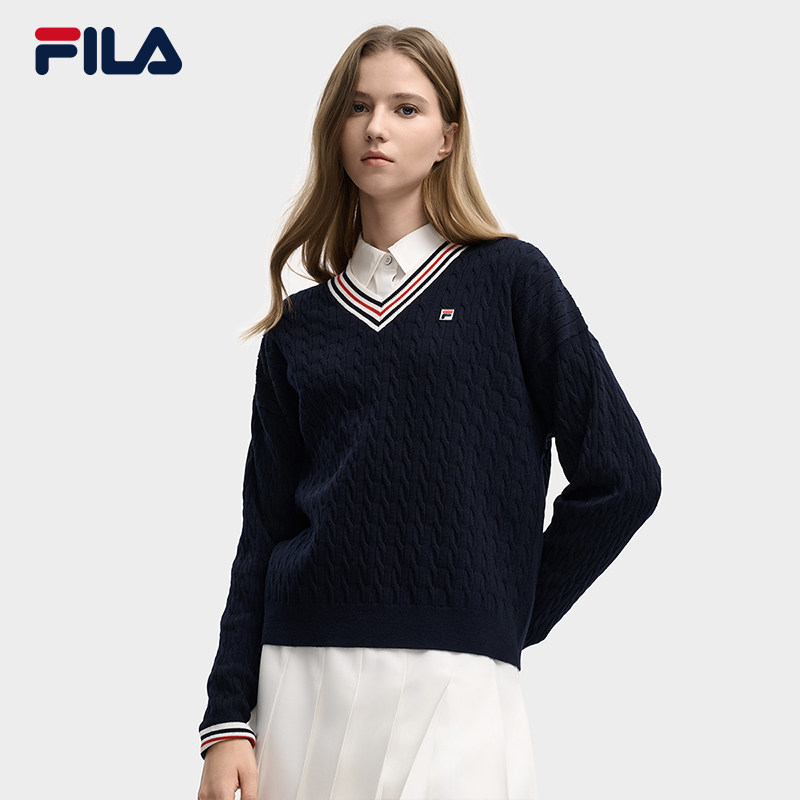 FILA 斐乐官方长袖编织衫女冬季新款时尚复古宽松上衣V领保暖毛