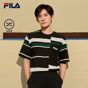 新款 易烊千玺同款 T恤纯棉秋季 斐乐官方男短袖 休闲条纹上衣 FILA