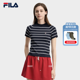 清新条纹运动短款 杨幂同款 上衣 新款 女夏季 FILA斐乐官方短袖 编织衫