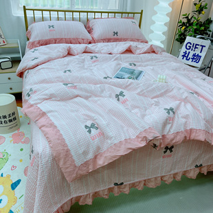 韩式春秋被全棉床盖四件套纯棉花边夹棉绗缝防滑床单三件套四季