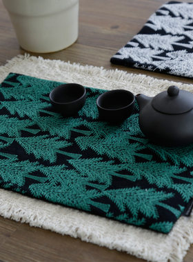 美作元素国风田园刺绣干泡席 中式双层布艺茶室茶台松树茶垫桌旗