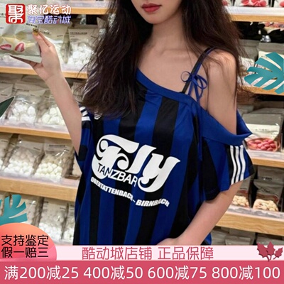 阿迪达斯女子夏季时尚斜领露肩运动短袖球衣T恤足球衫KD2278 2277