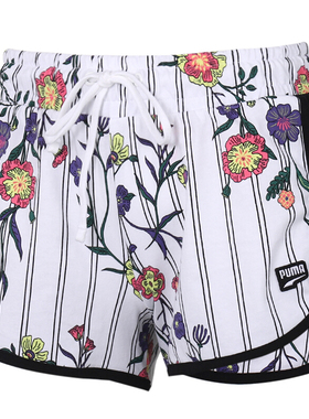 PUMA彪马女子2024夏跑步运动五分裤针织印花侧开叉短裤 597467-02