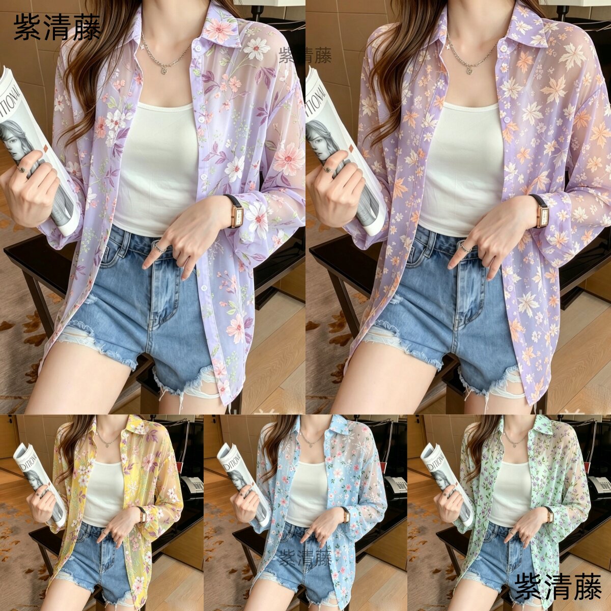 夏季凉感洋气甜美POLO领女款长袖衬衣雪纺薄款宽松碎花显瘦遮肉外