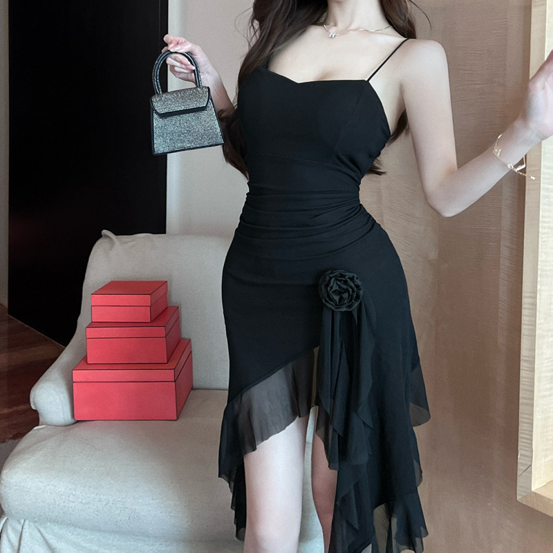 通勤不规则裙棉网纱纯色吊带镂空