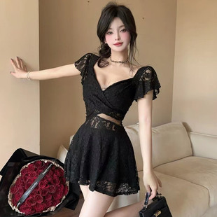 辣妹性感镂空低胸飞飞袖白色蕾丝夜总店连衣裙收腰短裙夜场衣服夏