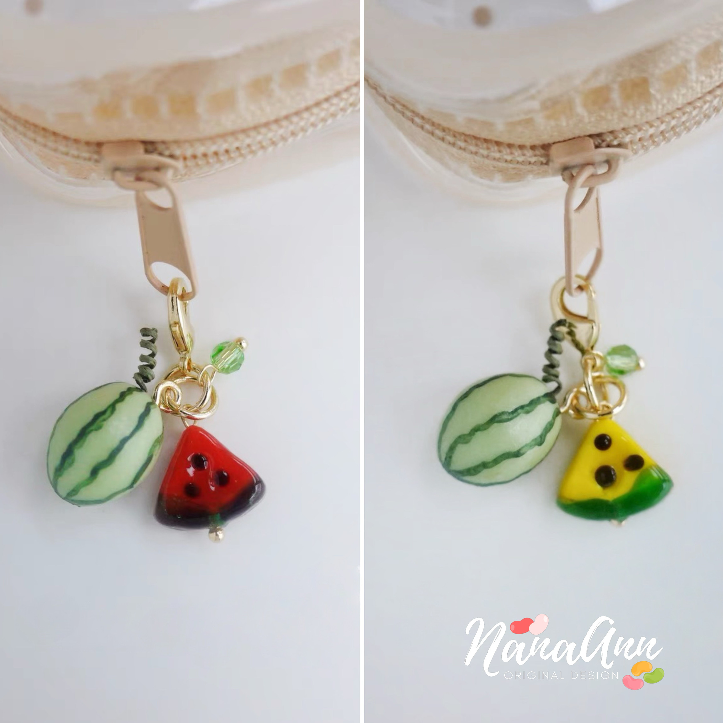 原创夏日可爱琉璃西瓜食玩翻包小挂件精致仿真高品质保色拉链挂饰 - 实物图