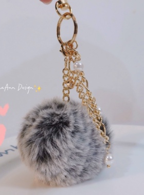 日本Feiler同款进口施华洛珍珠包链兔毛球皮包挂件定制字母钥匙扣