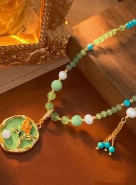 新款珍珠女串珠花朵吊坠项链绿新中式国风复古滴釉颈链批发代发