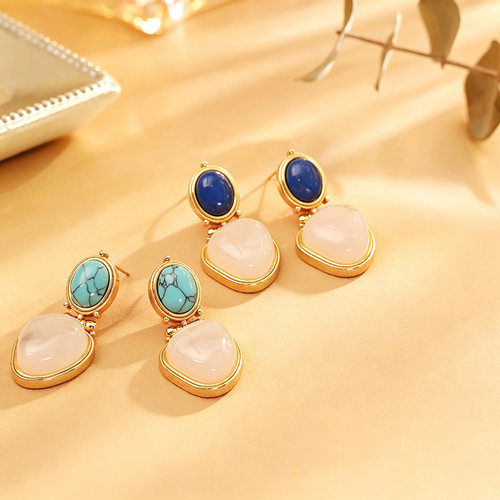 复古天然石拼接耳环轻奢椭圆青金石绿松石耳钉小众氛围感耳饰批发