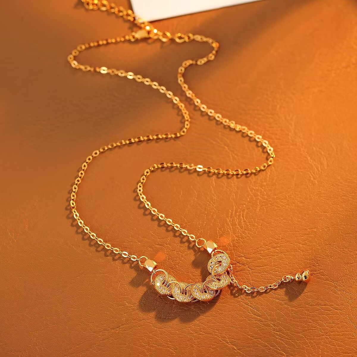 鱼鳞碎碎冰五铜钱吊坠女套链铜镀金色项链流苏招财批发代发